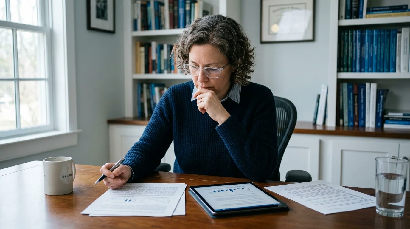 Focused adult reading scientific research about solfeggio frequencies and the pineal gland, calm professional setting