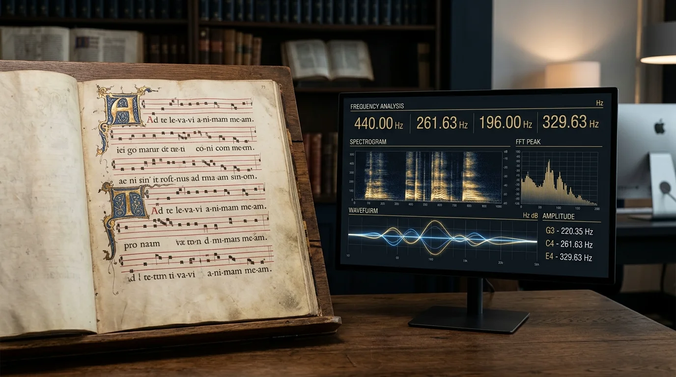 Medieval solfeggio musical notation contrasted with modern Hz frequency numbers — history versus science