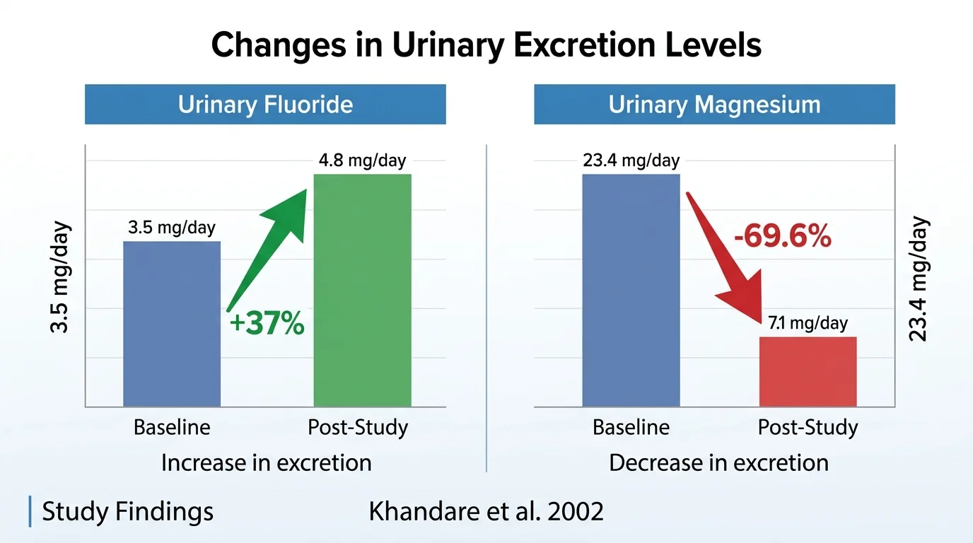 Side-by-side bar charts from Khandare 2002: left shows urinary fluoride excretion increasing 37% from 3.5 to 4.8 mg/day, right shows magnesium excretion dropping 69.6% from 23.4 to 7.1 mg/day — the finding most sources omit