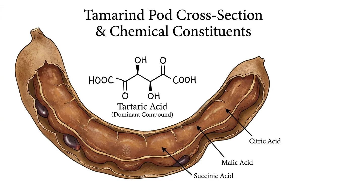 Scientific illustration of Tamarindus indica pod cross-section showing tartaric acid as the dominant organic compound, with citric, malic and succinic acids labeled