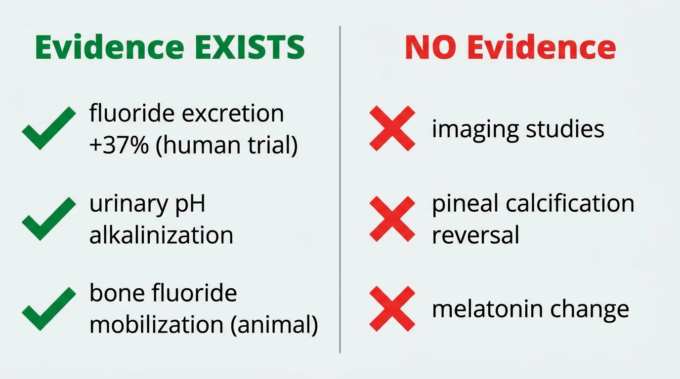 Evidence map showing what tamarind does and does not have clinical proof for: documented fluoride excretion increase on left, no imaging evidence for calcification reversal on right