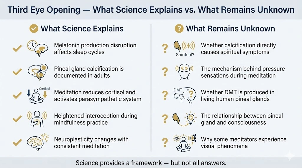 Infographic comparing what science explains vs what remains unknown about third eye opening symptoms