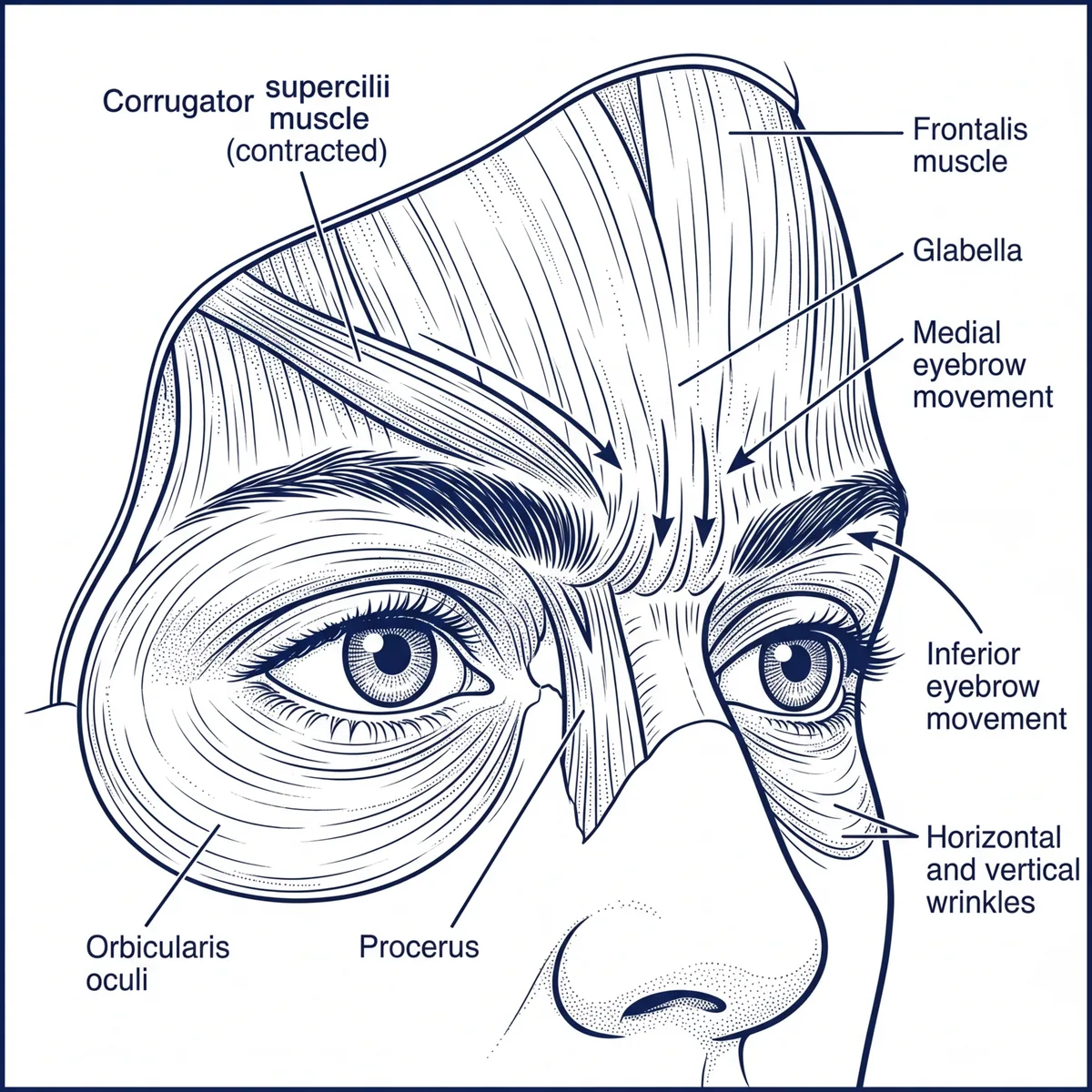 Diagram showing the procerus and corrugator supercilii muscles between the eyebrows and how they contract during concentration