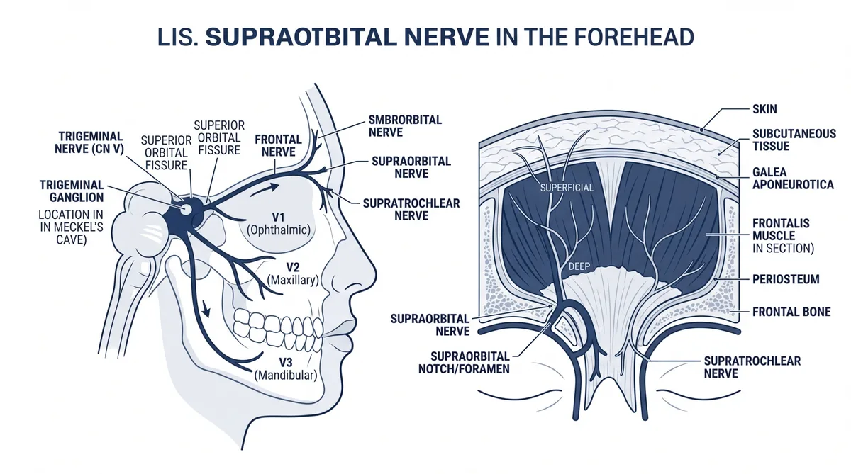 Anatomical illustration of the glabella region showing the supratrochlear nerve branches and their distribution across the medial forehead