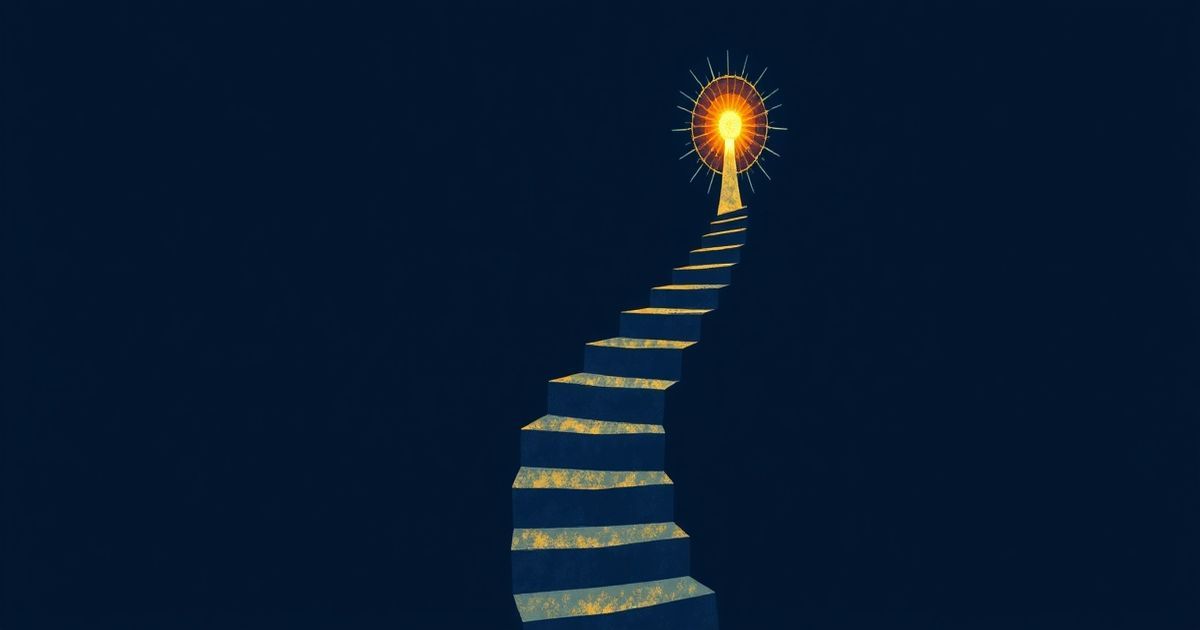 Spiritual awakening process illustration — ascending spiral of consciousness, science editorial style, navy and gold