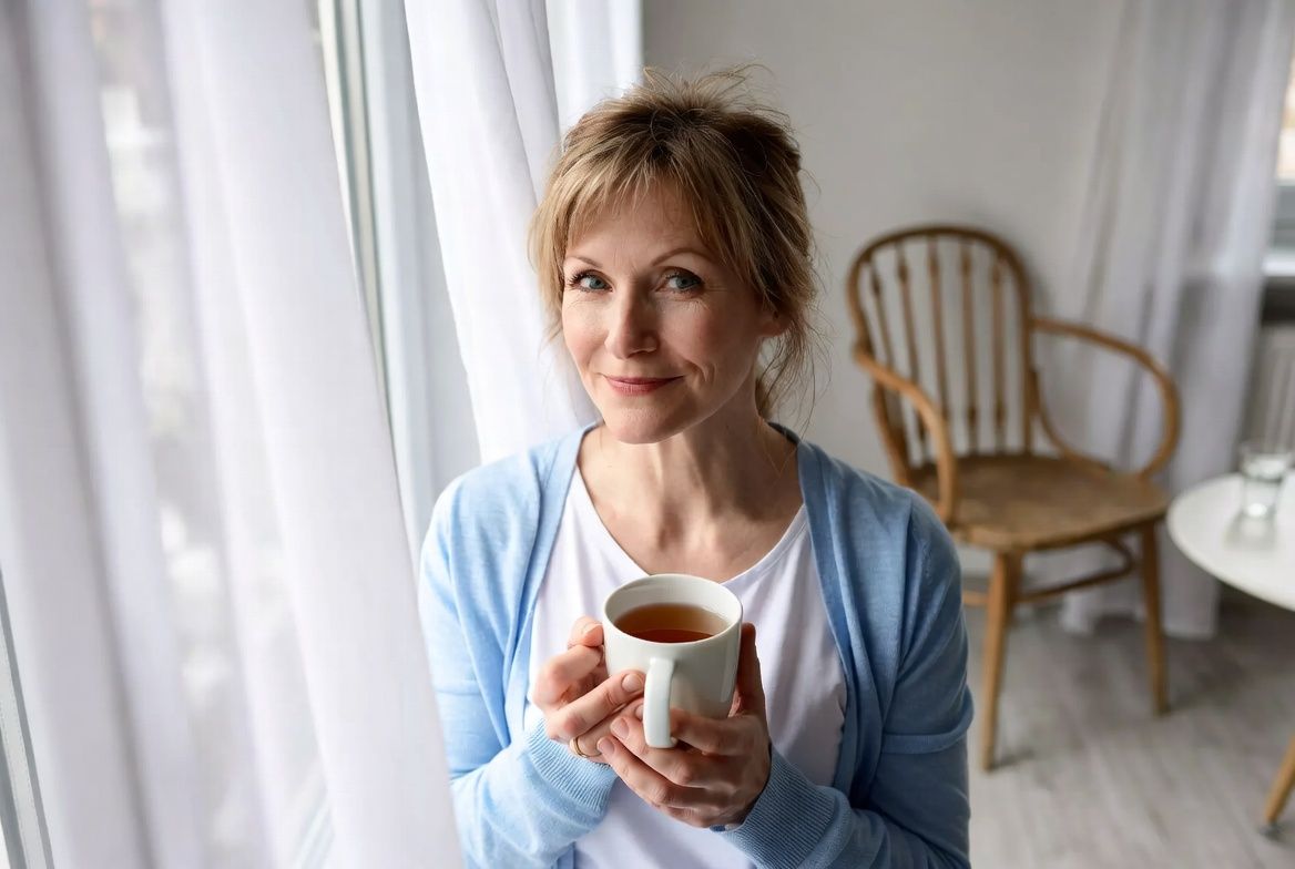 Spiritual awakening support lifestyle — woman morning routine with tea, calm and grounded, health blog editorial