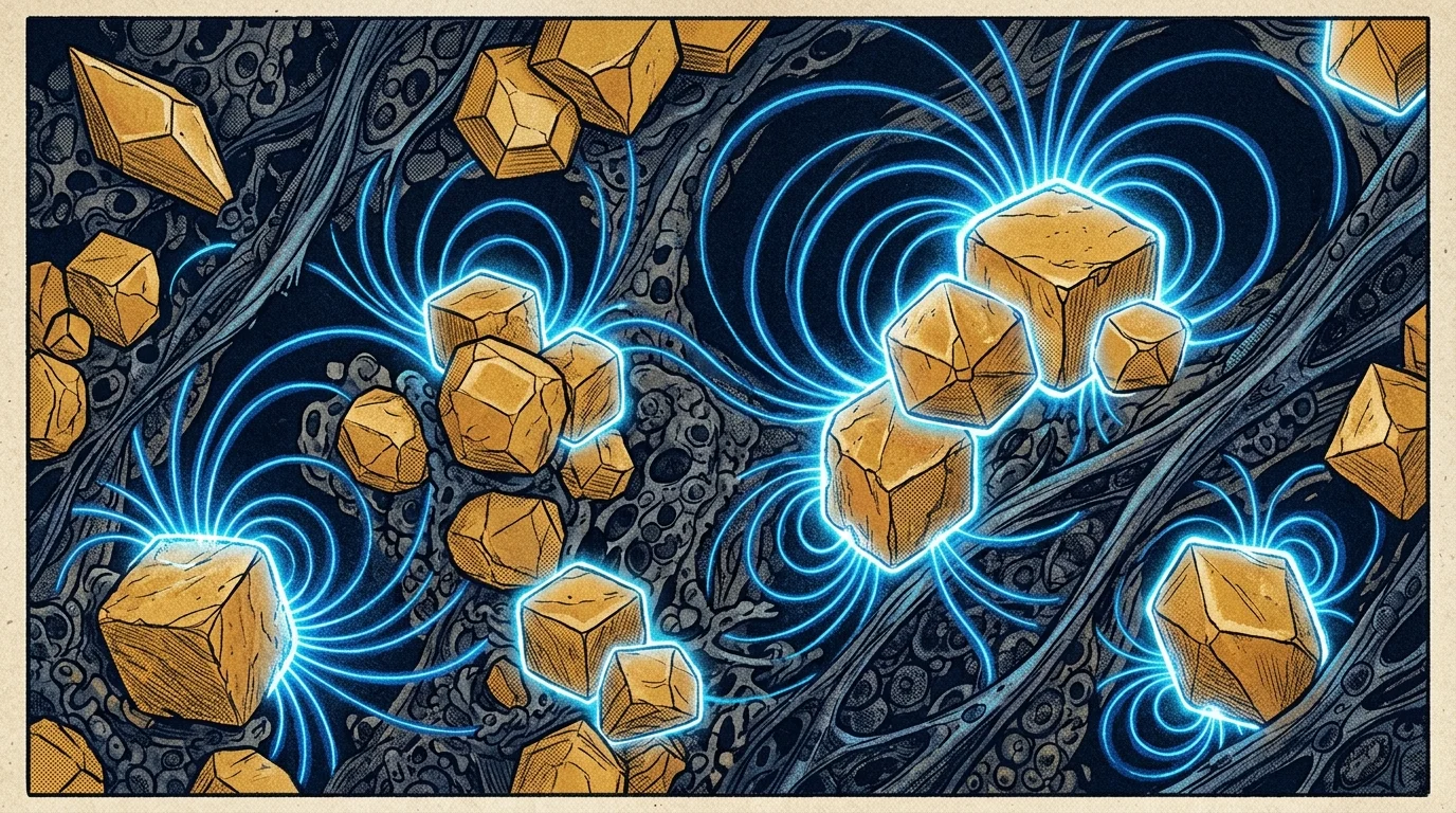 Calcite microcrystals in pineal gland tissue with piezoelectric electromagnetic sensitivity — scientific illustration