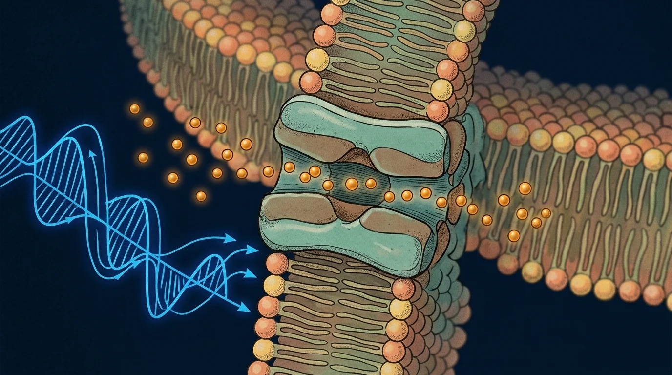 Electromagnetic field activating voltage-gated calcium channels in a cell membrane — scientific editorial illustration