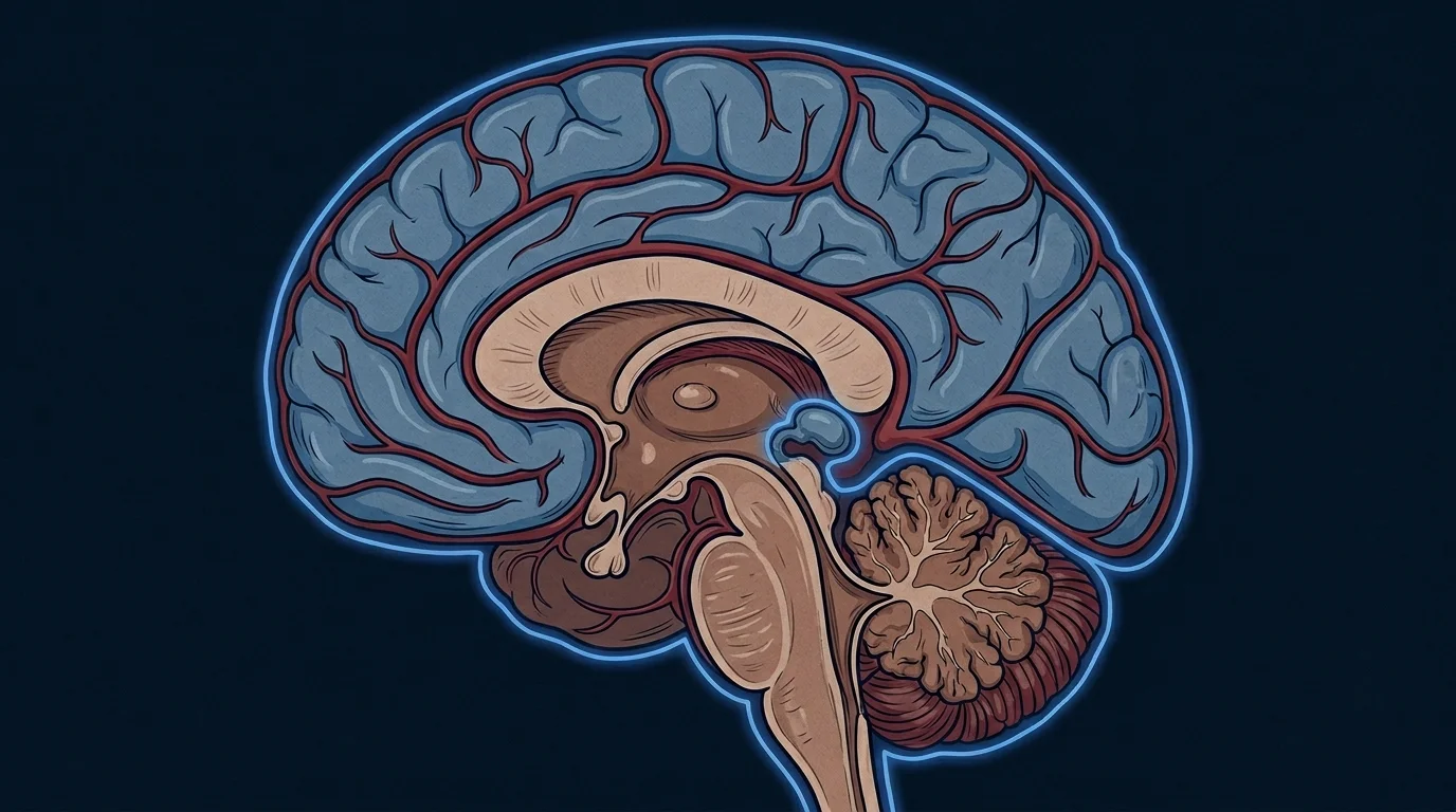 Brain cross-section showing pineal gland position outside the blood-brain barrier